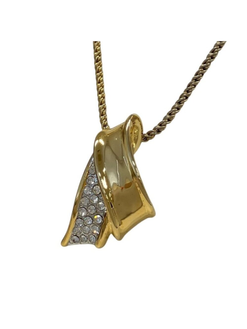Saint Laurent Vintage Rhinestone Ribbon Motif Necklace Gold Colored